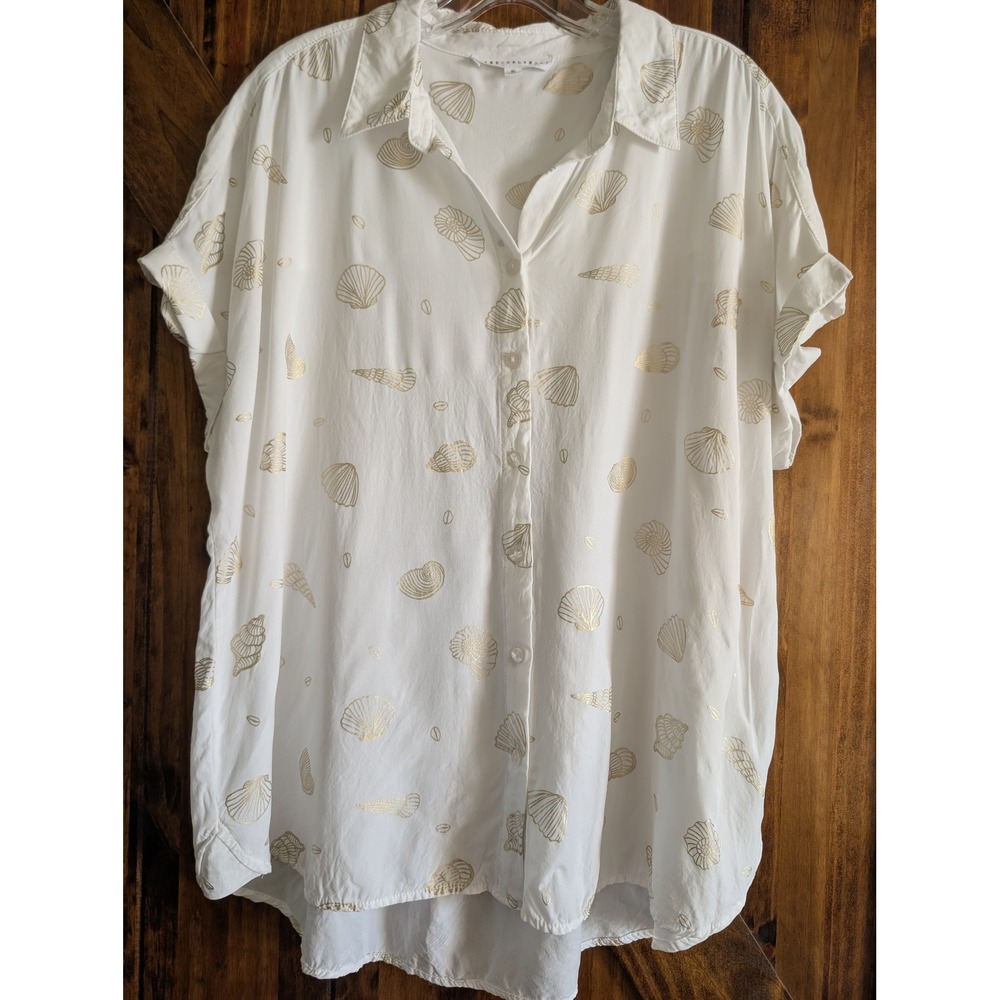 Jane + Delancey White Gold Metallic Seashell Rayon Button Down Shirt XL